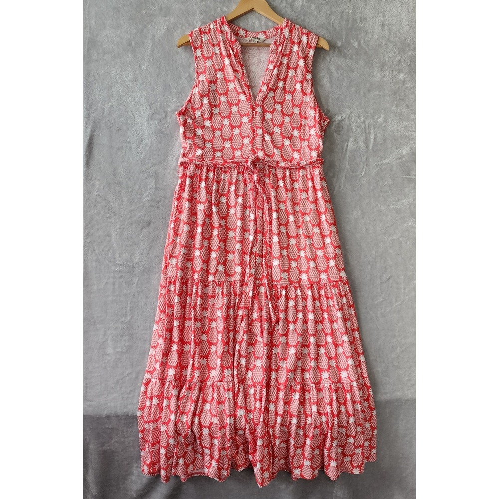 Boden Maxi Dress Womens Size 14 Tropical Pineapple Print Tiered Pockets Belt 14R